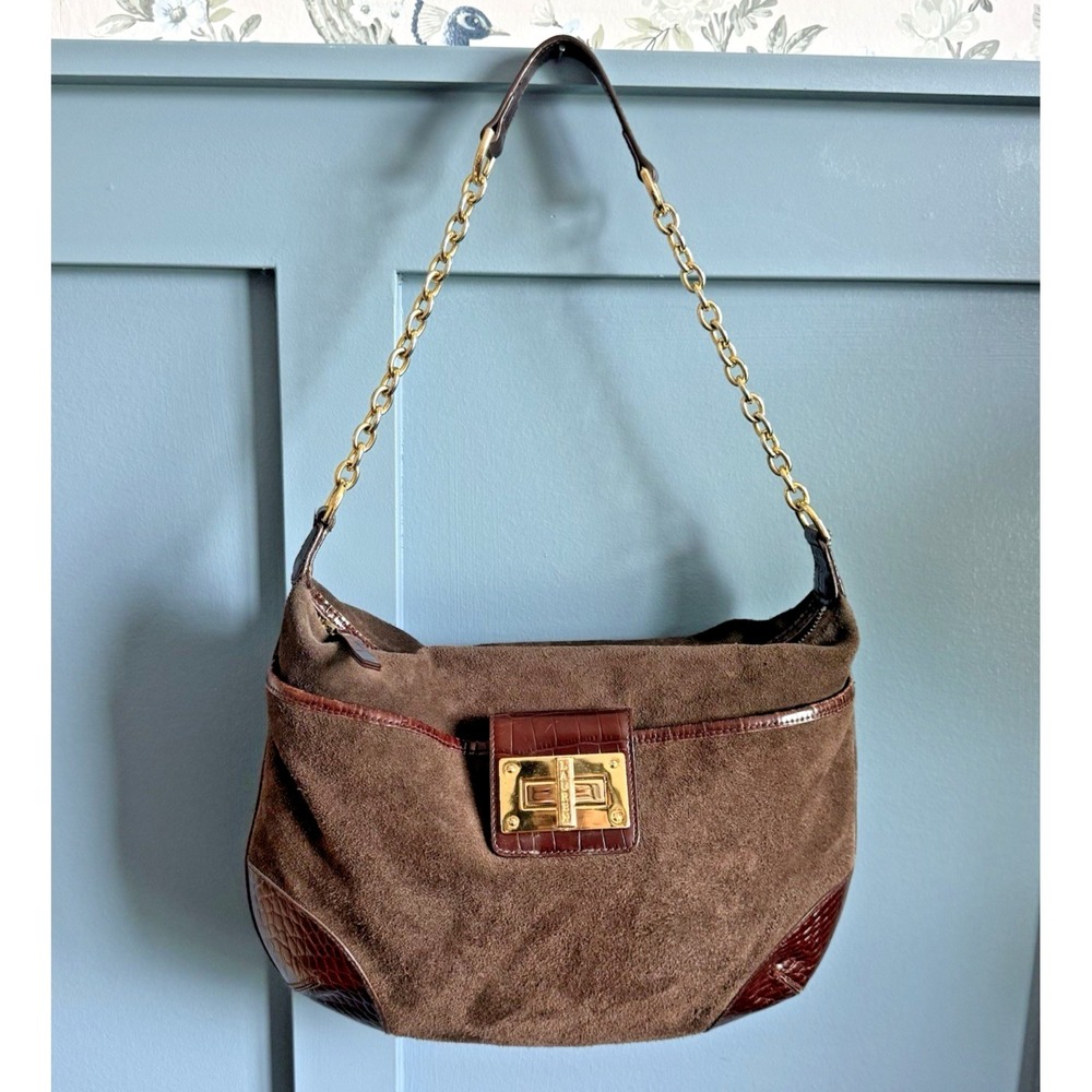Lauren Ralph Lauren Brown Suede Leather Croc Shoulder Bag Chain Turn Lock F/W
